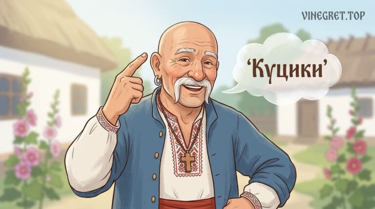 Козак-характерник з піднятим вказівним пальцем запрошує читати «Куцики» — короткі українські жарти на VINEGRET.TOP.