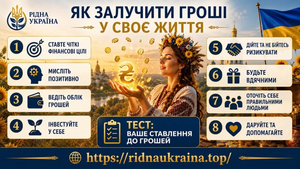 Як залучити гроші у своє життя: інфографіка з 8 головними кроками та інтерактивним тестом Інфографіка з порадами як залучити гроші у своє життя: 1 ставте цілі, 2 мисліть позитивно, 3 ведіть облік, 4 інвестуйте у себе, 5 дійте, 6 будьте вдячними, 7 оточіть себе правильними людьми, 8 даруйте. Також містить тест на ставлення до грошей.