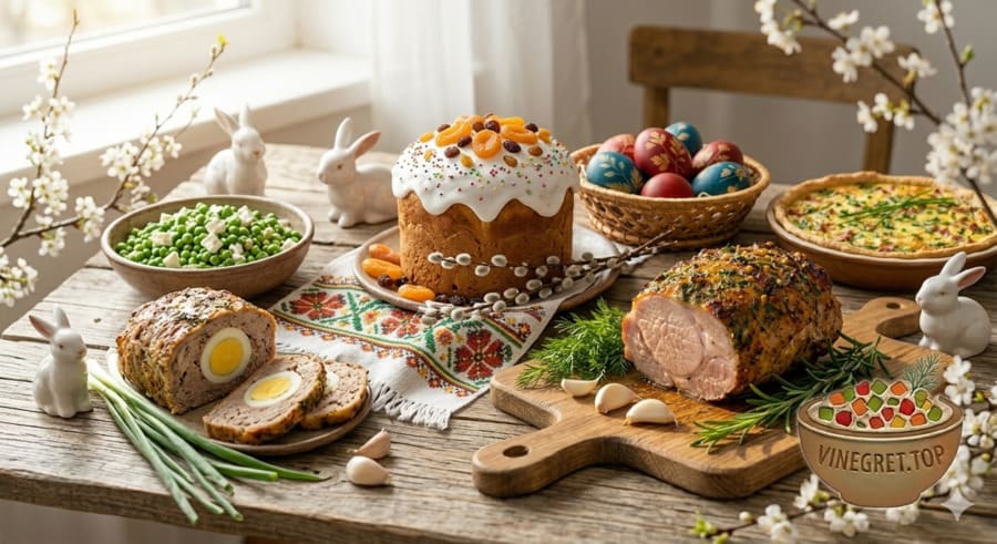 Пишний великодній стіл із паскою, крашанками, бужениною та весняними квітами. VINEGRET.TOP.