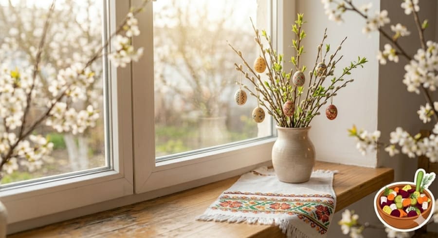 Гілочки верби з декоративними писанками у вазі на підвіконні, bathed in sunlight. VINEGRET.TOP.