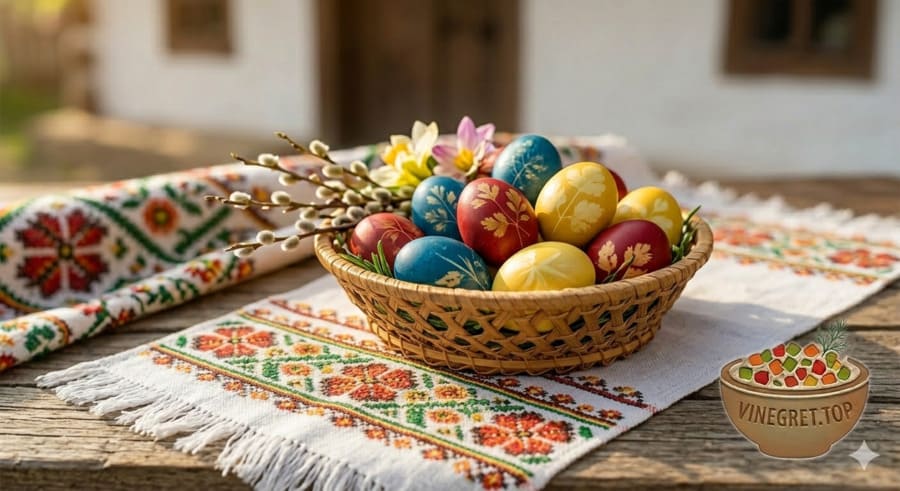 Плетений кошик із великодніми яйцями (крашанками), пофарбованими в цибулинні та куркумі, на рушнику. VINEGRET.TOP.