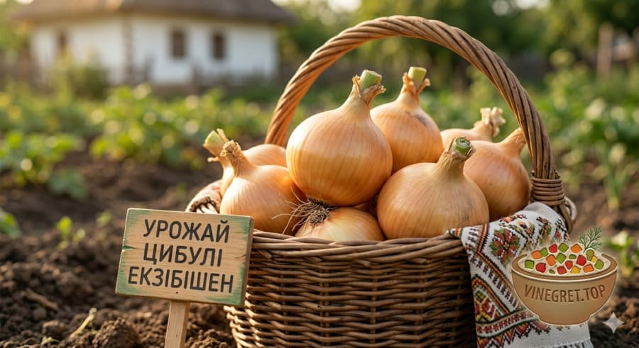 Велика золотиста цибуля Ексібішен у плетеному кошику з вишитим рушником.