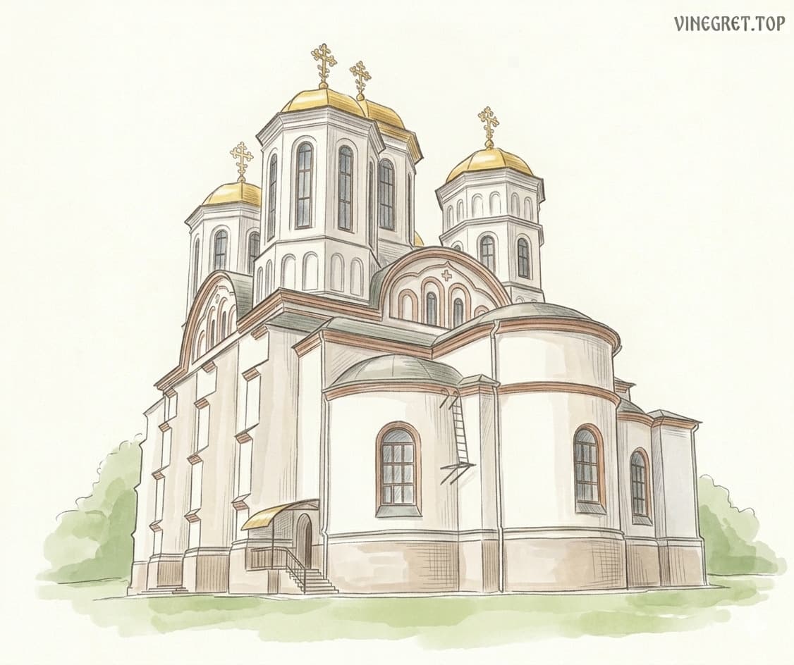 Акварельна ілюстрація Богоявленського собору в Острозі на світлому фоні — архітектурна спадщина князя Костянтина Острозького.