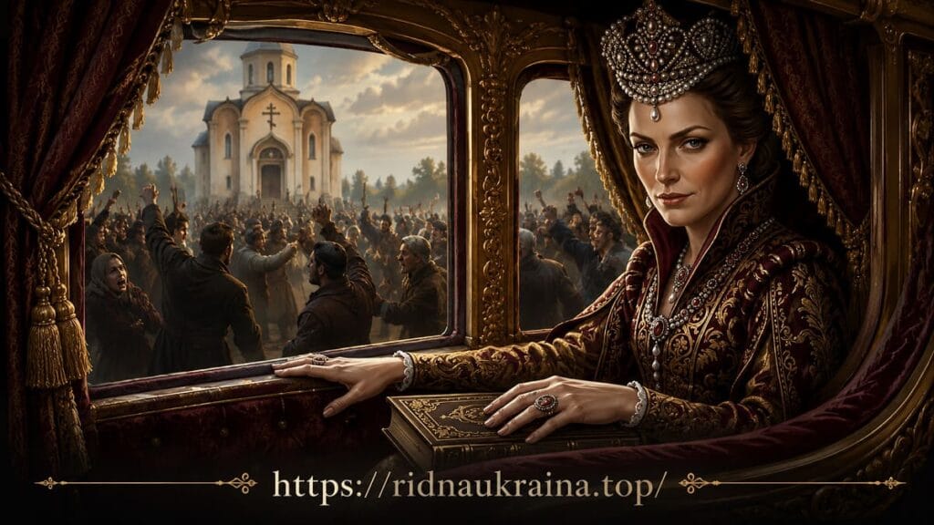 Легенда про останню представницю роду Острозьких — Анну-Алоїзу Княгиня Анна-Алоїза Острозька у розкішній кареті на фоні натовпу біля храму — ілюстрація до легенди Острозького замку.
