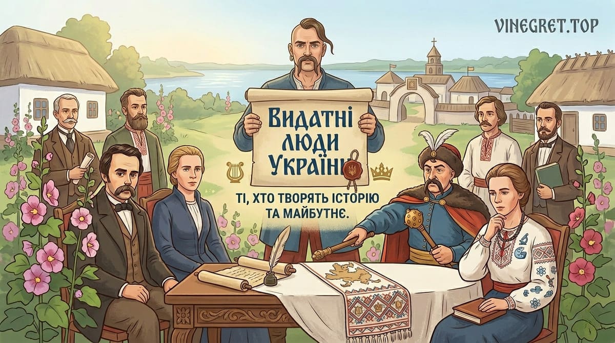 Бравий козак із сувоєм «Видатні люди України» в оточенні історичних постатей на фоні українського пейзажу для VINEGRET.TOP.