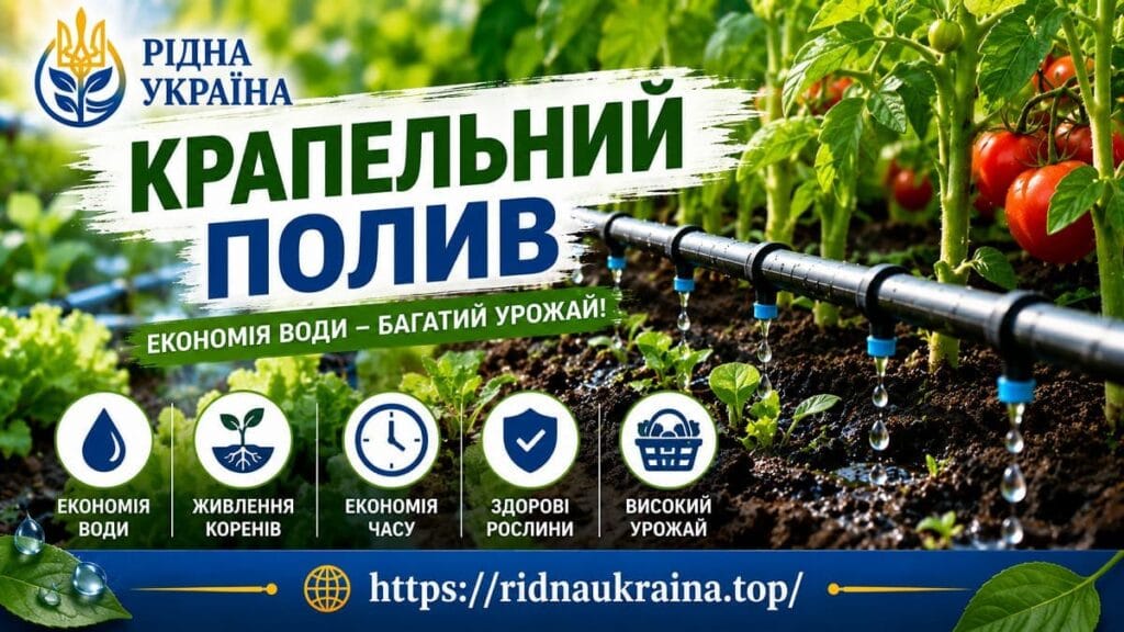 Ілюстрація до розділу про крапельний полив: пластикова трубка з крапельницями зрошує кущі помідорів із плодами на грядці, іконки переваг системи.