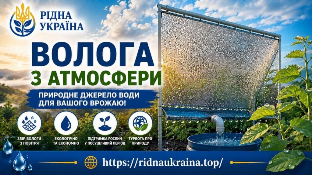 Ілюстрація до статті про дефіцит води: сітчастий туманоуловлювач збирає краплі води в бочку на тлі зеленого поля, іконки переваг методу.