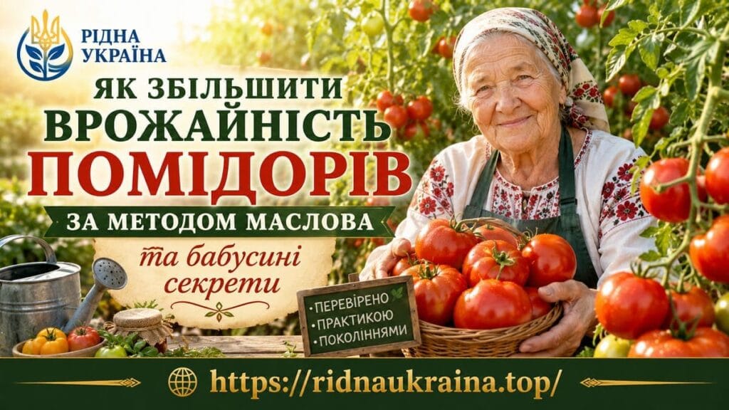Ілюстрація до статті про врожайність помідорів: усміхнена бабуся у хустці та вишиванці тримає великий кошик зі стиглими червоними томатами на тлі грядок.
